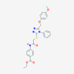 molecular formula C27H26N4O5S B419686 ethyl 4-{[({5-[(4-methoxyphenoxy)methyl]-4-phenyl-4H-1,2,4-triazol-3-yl}sulfanyl)acetyl]amino}benzoate 