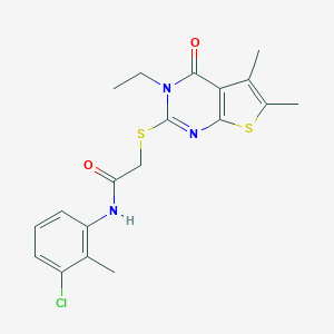 molecular formula C19H20ClN3O2S2 B419694 N-(3-chloro-2-methylphenyl)-2-[(3-ethyl-5,6-dimethyl-4-oxo-3,4-dihydrothieno[2,3-d]pyrimidin-2-yl)sulfanyl]acetamide CAS No. 335399-64-9