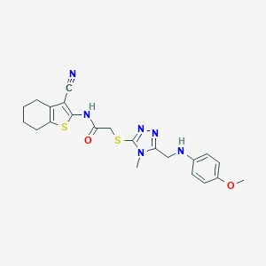 molecular formula C22H24N6O2S2 B419695 N-(3-cyano-4,5,6,7-tetrahydro-1-benzothien-2-yl)-2-({5-[(4-methoxyanilino)methyl]-4-methyl-4H-1,2,4-triazol-3-yl}sulfanyl)acetamide 