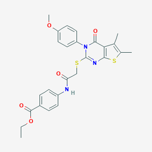 molecular formula C26H25N3O5S2 B419696 Ethyl 4-[({[3-(4-methoxyphenyl)-5,6-dimethyl-4-oxo-3,4-dihydrothieno[2,3-d]pyrimidin-2-yl]sulfanyl}acetyl)amino]benzoate 