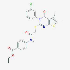 molecular formula C25H22ClN3O4S2 B419698 Ethyl 4-[({[3-(3-chlorophenyl)-5,6-dimethyl-4-oxo-3,4-dihydrothieno[2,3-d]pyrimidin-2-yl]sulfanyl}acetyl)amino]benzoate 