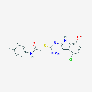 molecular formula C20H18ClN5O2S B419708 2-[(9-chloro-6-methoxy-5H-[1,2,4]triazino[5,6-b]indol-3-yl)sulfanyl]-N-(3,4-dimethylphenyl)acetamide 