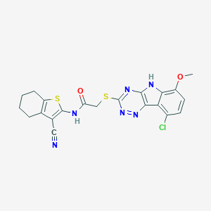 molecular formula C21H17ClN6O2S2 B419717 2-[(9-chloro-6-methoxy-5H-[1,2,4]triazino[5,6-b]indol-3-yl)sulfanyl]-N-(3-cyano-4,5,6,7-tetrahydro-1-benzothien-2-yl)acetamide 