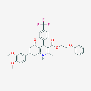 molecular formula C34H32F3NO6 B419739 2-Phenoxyethyl 7-(3,4-dimethoxyphenyl)-2-methyl-5-oxo-4-[4-(trifluoromethyl)phenyl]-1,4,5,6,7,8-hexahydro-3-quinolinecarboxylate 