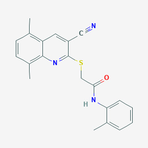 molecular formula C21H19N3OS B419761 2-(3-cyano-5,8-dimethylquinolin-2-yl)sulfanyl-N-(2-methylphenyl)acetamide 