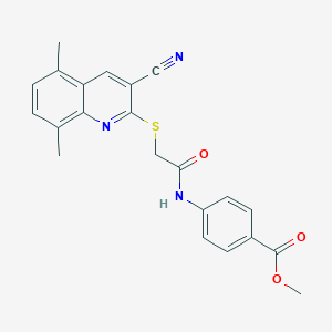molecular formula C22H19N3O3S B419762 Methyl 4-[[2-(3-cyano-5,8-dimethylquinolin-2-yl)sulfanylacetyl]amino]benzoate 