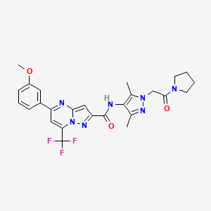 molecular formula C26H26F3N7O3 B4198172 N-{3,5-dimethyl-1-[2-oxo-2-(1-pyrrolidinyl)ethyl]-1H-pyrazol-4-yl}-5-(3-methoxyphenyl)-7-(trifluoromethyl)pyrazolo[1,5-a]pyrimidine-2-carboxamide 