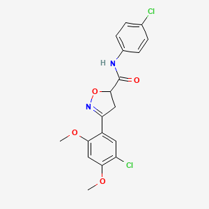 molecular formula C18H16Cl2N2O4 B4198426 3-(5-chloro-2,4-dimethoxyphenyl)-N-(4-chlorophenyl)-4,5-dihydro-5-isoxazolecarboxamide 