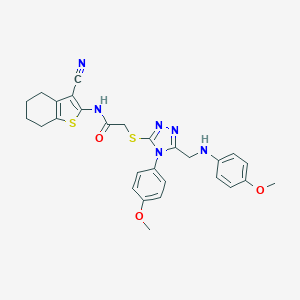 molecular formula C28H28N6O3S2 B419845 N-(3-cyano-4,5,6,7-tetrahydro-1-benzothien-2-yl)-2-{[5-[(4-methoxyanilino)methyl]-4-(4-methoxyphenyl)-4H-1,2,4-triazol-3-yl]sulfanyl}acetamide 