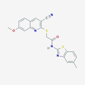 molecular formula C21H16N4O2S2 B419855 2-[(3-cyano-7-methoxy-2-quinolinyl)sulfanyl]-N-(5-methyl-1,3-benzothiazol-2-yl)acetamide 