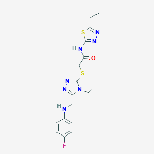 molecular formula C17H20FN7OS2 B419864 2-({4-ethyl-5-[(4-fluoroanilino)methyl]-4H-1,2,4-triazol-3-yl}sulfanyl)-N-(5-ethyl-1,3,4-thiadiazol-2-yl)acetamide 