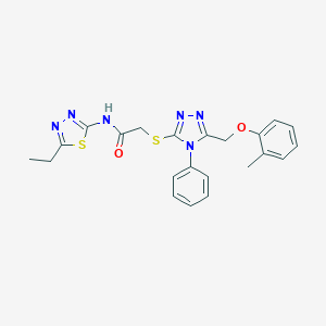 molecular formula C22H22N6O2S2 B419883 N-(5-ethyl-1,3,4-thiadiazol-2-yl)-2-({5-[(2-methylphenoxy)methyl]-4-phenyl-4H-1,2,4-triazol-3-yl}sulfanyl)acetamide 