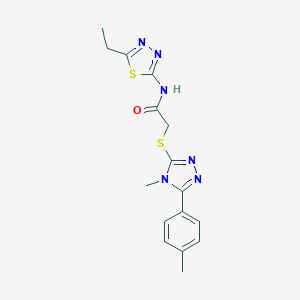 molecular formula C16H18N6OS2 B419933 N-(5-ethyl-1,3,4-thiadiazol-2-yl)-2-{[4-methyl-5-(4-methylphenyl)-4H-1,2,4-triazol-3-yl]sulfanyl}acetamide 