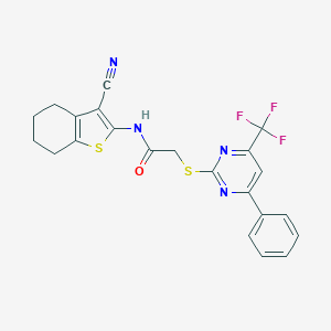 molecular formula C22H17F3N4OS2 B420022 N-(3-cyano-4,5,6,7-tetrahydro-1-benzothien-2-yl)-2-{[4-phenyl-6-(trifluoromethyl)-2-pyrimidinyl]sulfanyl}acetamide 