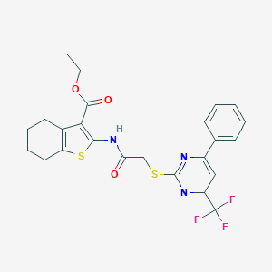 molecular formula C24H22F3N3O3S2 B420023 Ethyl 2-[({[4-phenyl-6-(trifluoromethyl)-2-pyrimidinyl]sulfanyl}acetyl)amino]-4,5,6,7-tetrahydro-1-benzothiophene-3-carboxylate 