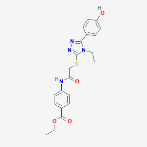 molecular formula C21H22N4O4S B420029 ethyl 4-[({[4-ethyl-5-(4-hydroxyphenyl)-4H-1,2,4-triazol-3-yl]sulfanyl}acetyl)amino]benzoate 