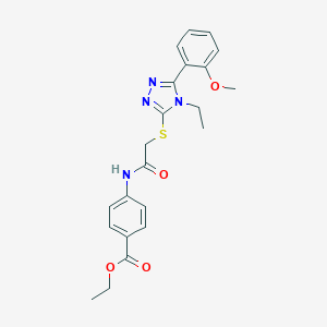 molecular formula C22H24N4O4S B420032 ethyl 4-[({[4-ethyl-5-(2-methoxyphenyl)-4H-1,2,4-triazol-3-yl]sulfanyl}acetyl)amino]benzoate 