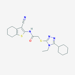 molecular formula C21H27N5OS2 B420034 N-(3-cyano-4,5,6,7-tetrahydro-1-benzothien-2-yl)-2-[(5-cyclohexyl-4-ethyl-4H-1,2,4-triazol-3-yl)sulfanyl]acetamide 