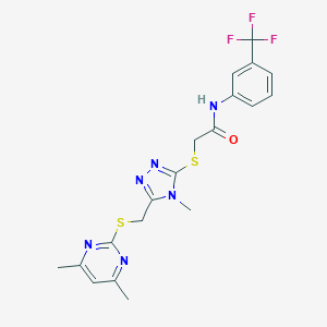 molecular formula C19H19F3N6OS2 B420042 2-[(5-{[(4,6-dimethyl-2-pyrimidinyl)sulfanyl]methyl}-4-methyl-4H-1,2,4-triazol-3-yl)sulfanyl]-N-[3-(trifluoromethyl)phenyl]acetamide 