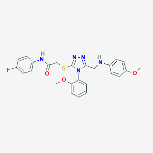 molecular formula C25H24FN5O3S B420044 N-(4-fluorophenyl)-2-{[5-[(4-methoxyanilino)methyl]-4-(2-methoxyphenyl)-4H-1,2,4-triazol-3-yl]sulfanyl}acetamide 