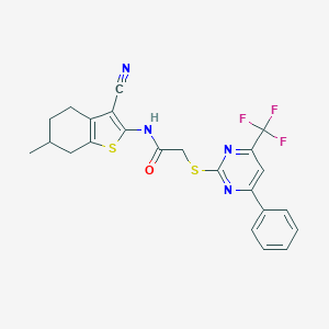 molecular formula C23H19F3N4OS2 B420045 N-(3-cyano-6-methyl-4,5,6,7-tetrahydro-1-benzothien-2-yl)-2-{[4-phenyl-6-(trifluoromethyl)-2-pyrimidinyl]sulfanyl}acetamide 