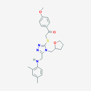 molecular formula C25H30N4O3S B420078 2-{[5-[(2,4-dimethylanilino)methyl]-4-(tetrahydro-2-furanylmethyl)-4H-1,2,4-triazol-3-yl]sulfanyl}-1-(4-methoxyphenyl)ethanone 
