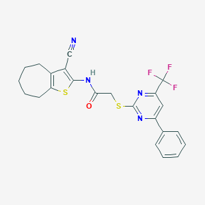 molecular formula C23H19F3N4OS2 B420081 N-(3-cyano-5,6,7,8-tetrahydro-4H-cyclohepta[b]thiophen-2-yl)-2-{[4-phenyl-6-(trifluoromethyl)pyrimidin-2-yl]sulfanyl}acetamide 