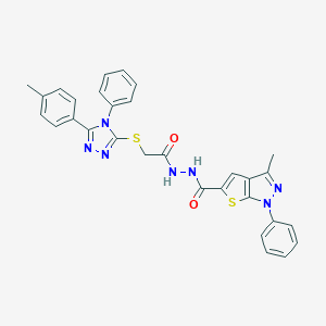 molecular formula C30H25N7O2S2 B420110 3-methyl-N'-({[5-(4-methylphenyl)-4-phenyl-4H-1,2,4-triazol-3-yl]sulfanyl}acetyl)-1-phenyl-1H-thieno[2,3-c]pyrazole-5-carbohydrazide 