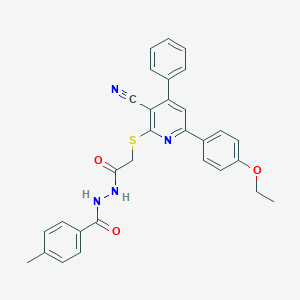 2-{[3-cyano-6-(4-ethoxyphenyl)-4-phenyl-2-pyridinyl]sulfanyl}-N'-(4-methylbenzoyl)acetohydrazide