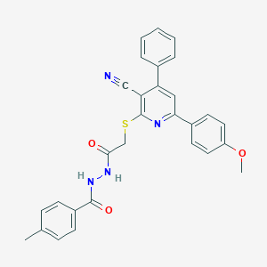 molecular formula C29H24N4O3S B420121 2-{[3-cyano-6-(4-methoxyphenyl)-4-phenyl-2-pyridinyl]sulfanyl}-N'-(4-methylbenzoyl)acetohydrazide 