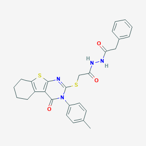 molecular formula C27H26N4O3S2 B420122 2-{[3-(4-methylphenyl)-4-oxo-3,4,5,6,7,8-hexahydro[1]benzothieno[2,3-d]pyrimidin-2-yl]sulfanyl}-N'-(phenylacetyl)acetohydrazide 