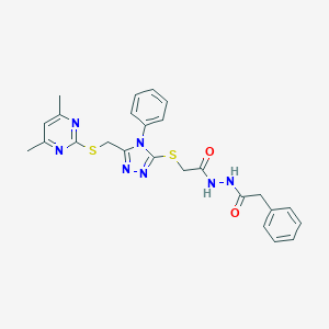 molecular formula C25H25N7O2S2 B420166 2-[(5-{[(4,6-dimethyl-2-pyrimidinyl)sulfanyl]methyl}-4-phenyl-4H-1,2,4-triazol-3-yl)sulfanyl]-N'-(phenylacetyl)acetohydrazide 