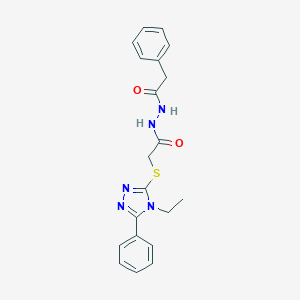 molecular formula C20H21N5O2S B420172 2-[(4-ethyl-5-phenyl-4H-1,2,4-triazol-3-yl)sulfanyl]-N'-(phenylacetyl)acetohydrazide 