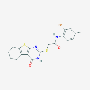 molecular formula C19H18BrN3O2S2 B420174 N-(2-bromo-4-methylphenyl)-2-[(4-oxo-3,4,5,6,7,8-hexahydro[1]benzothieno[2,3-d]pyrimidin-2-yl)sulfanyl]acetamide 