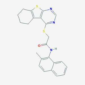 molecular formula C23H21N3OS2 B420176 N-(2-methyl-1-naphthyl)-2-(5,6,7,8-tetrahydro[1]benzothieno[2,3-d]pyrimidin-4-ylsulfanyl)acetamide 