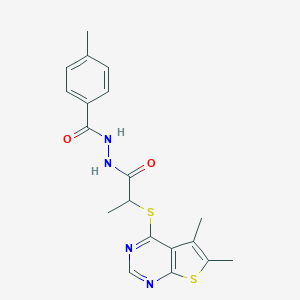 molecular formula C19H20N4O2S2 B420177 2-[(5,6-dimethylthieno[2,3-d]pyrimidin-4-yl)sulfanyl]-N'-(4-methylbenzoyl)propanohydrazide 