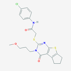 molecular formula C21H22ClN3O3S2 B420193 N-(4-chlorophenyl)-2-{[3-(3-methoxypropyl)-4-oxo-3,5,6,7-tetrahydro-4H-cyclopenta[4,5]thieno[2,3-d]pyrimidin-2-yl]sulfanyl}acetamide 