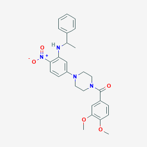 molecular formula C27H30N4O5 B4201963 (3,4-Dimethoxyphenyl)(4-{4-nitro-3-[(1-phenylethyl)amino]phenyl}piperazin-1-yl)methanone 