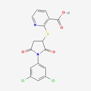 molecular formula C16H10Cl2N2O4S B4202799 2-{[1-(3,5-dichlorophenyl)-2,5-dioxo-3-pyrrolidinyl]thio}nicotinic acid 