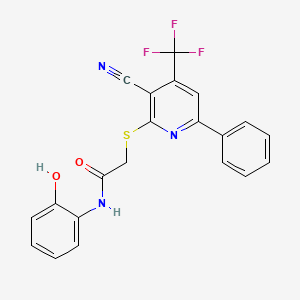 molecular formula C21H14F3N3O2S B4203625 2-[3-cyano-6-phenyl-4-(trifluoromethyl)pyridin-2-yl]sulfanyl-N-(2-hydroxyphenyl)acetamide 