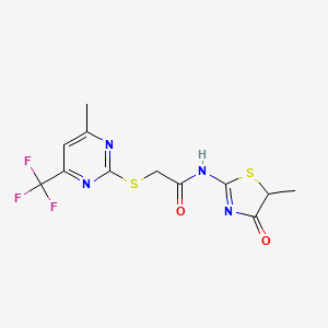 molecular formula C12H11F3N4O2S2 B4203660 N-(5-methyl-4-oxo-4,5-dihydro-1,3-thiazol-2-yl)-2-{[4-methyl-6-(trifluoromethyl)pyrimidin-2-yl]sulfanyl}acetamide 