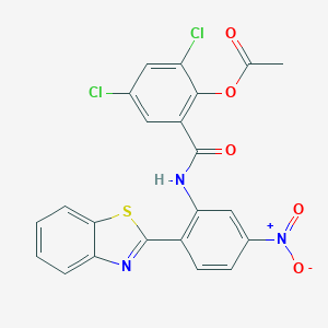 molecular formula C22H13Cl2N3O5S B420452 2-({2-(1,3-Benzothiazol-2-yl)-5-nitroanilino}carbonyl)-4,6-dichlorophenyl acetate 