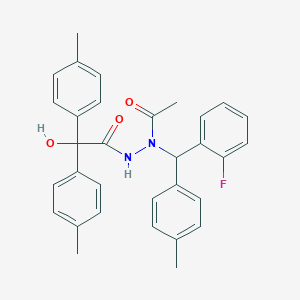 molecular formula C32H31FN2O3 B420490 N'-acetyl-N'-[(2-fluorophenyl)(4-methylphenyl)methyl]-2-hydroxy-2,2-bis(4-methylphenyl)acetohydrazide 