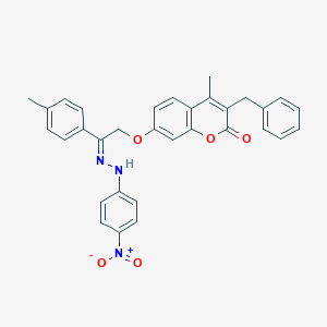 molecular formula C32H27N3O5 B420509 3-benzyl-7-[2-({4-nitrophenyl}hydrazono)-2-(4-methylphenyl)ethoxy]-4-methyl-2H-chromen-2-one 