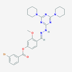 molecular formula C28H32BrN7O3 B420586 4-{(E)-[(4,6-dipiperidin-1-yl-1,3,5-triazin-2-yl)hydrazono]methyl}-3-methoxyphenyl 3-bromobenzoate 