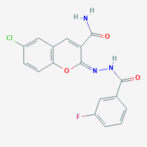 (E)-6-chloro-2-(2-(3-fluorobenzoyl)hydrazono)-2H-chromene-3-carboxamide