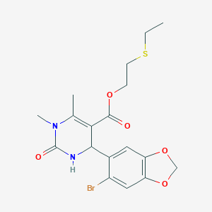 molecular formula C18H21BrN2O5S B420624 2-(Ethylsulfanyl)ethyl 4-(6-bromo-1,3-benzodioxol-5-yl)-1,6-dimethyl-2-oxo-1,2,3,4-tetrahydro-5-pyrimidinecarboxylate 