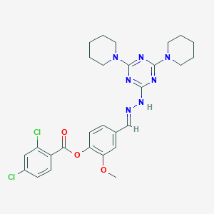 molecular formula C28H31Cl2N7O3 B420854 4-{(E)-[(4,6-dipiperidin-1-yl-1,3,5-triazin-2-yl)hydrazono]methyl}-2-methoxyphenyl 2,4-dichlorobenzoate 