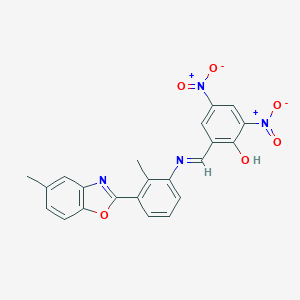 molecular formula C22H16N4O6 B420856 2,4-Bisnitro-6-({[2-methyl-3-(5-methyl-1,3-benzoxazol-2-yl)phenyl]imino}methyl)phenol 