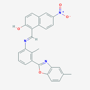 molecular formula C26H19N3O4 B420857 6-Nitro-1-({[2-methyl-3-(5-methyl-1,3-benzoxazol-2-yl)phenyl]imino}methyl)-2-naphthol 